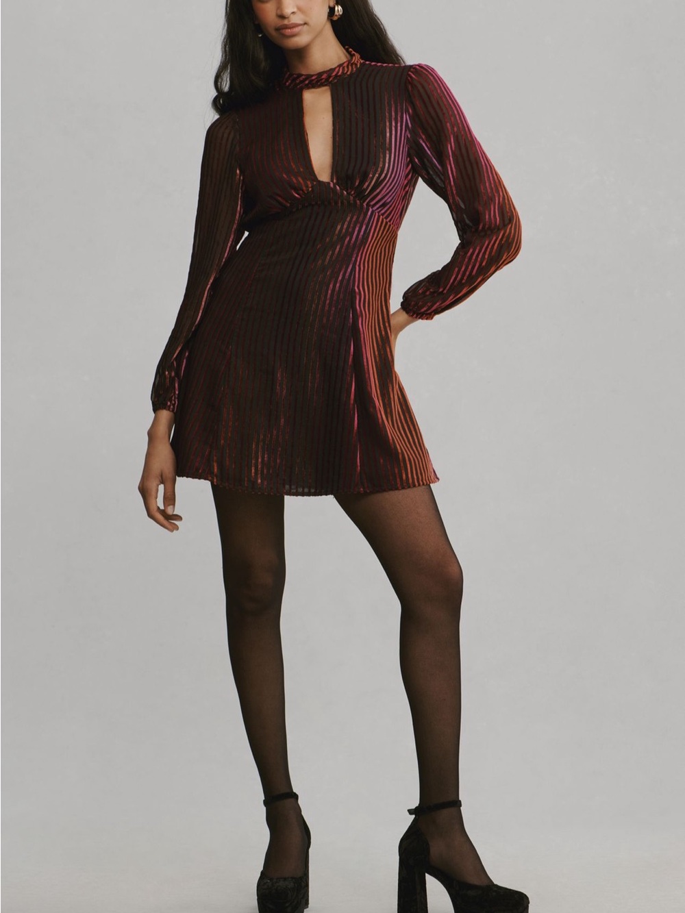 Anthropologie Iridescent Burgundy-Purple Keyhole Long-Sleeve Mini Dress